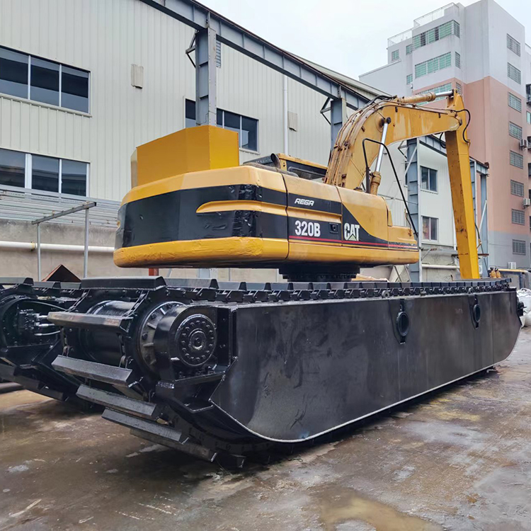 Caterpillar retrofits amphibious excavator with side pontoons